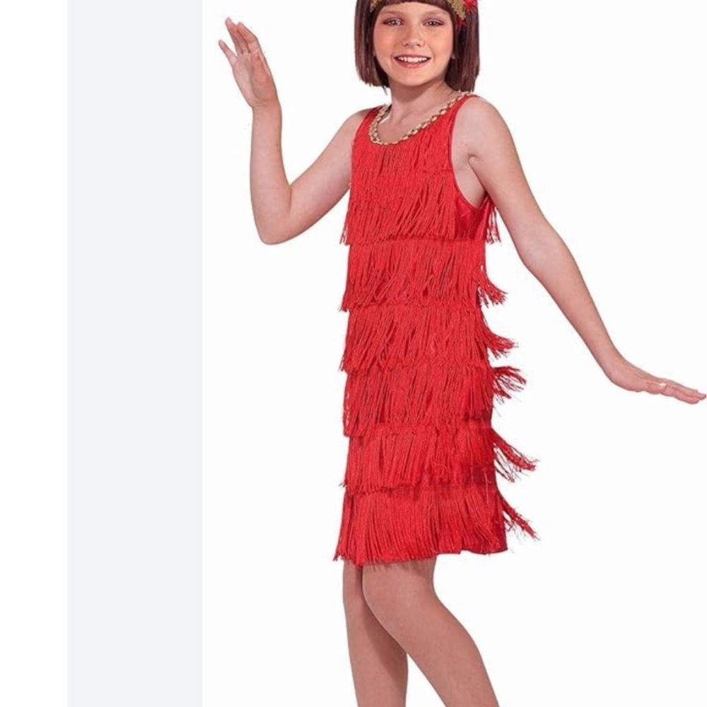 20's Flapper child costume with fringed dress and gold sequin headband